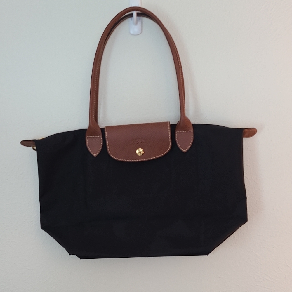 Longchamp Le Pliage Elegant Black Tote with Tan Accents